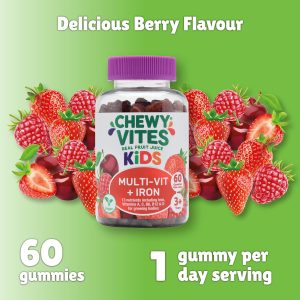 Chewy Vites Kids Multi-Vit + Iron gummies with delicious berry flavour behind, 60 count bottle, 1 gummy per day serving