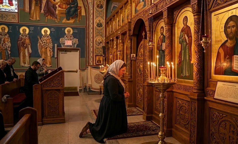 Woman praying in an ornate Orthodox church interior with lit candles and religious icons