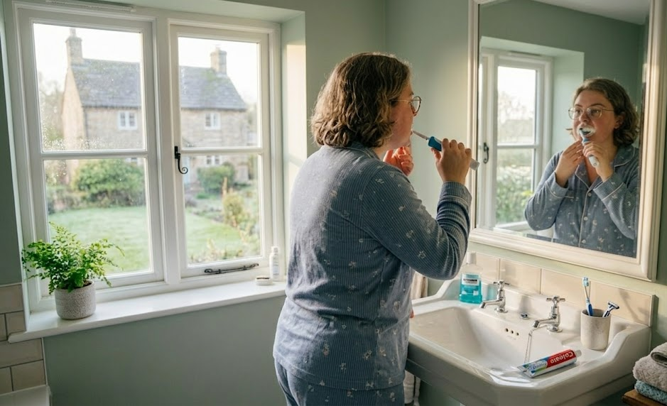 Person brushing teeth in a cosy bathroom with garden view through window