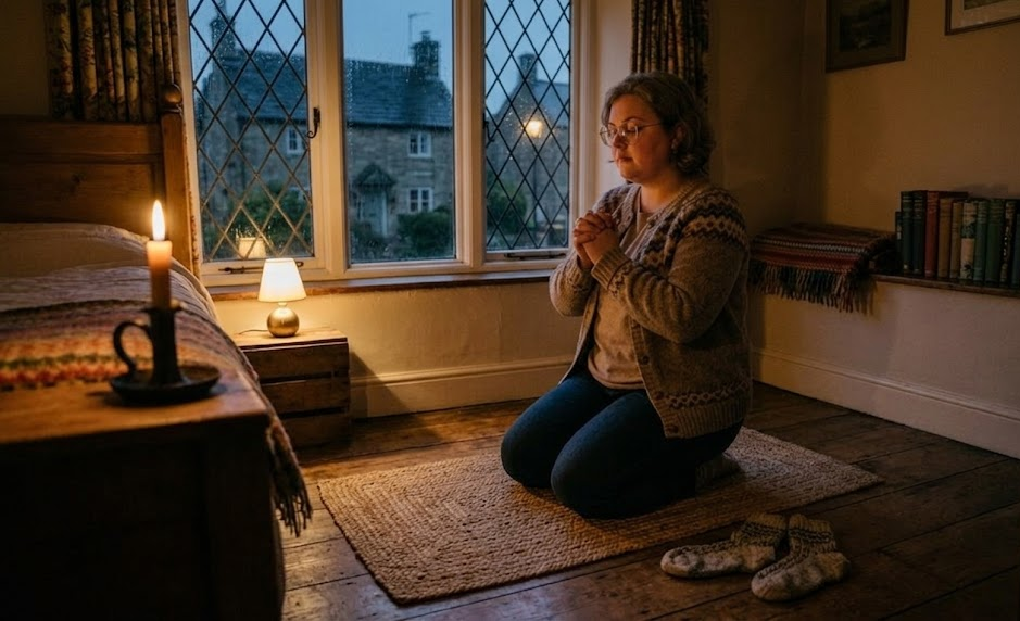 Person kneeling in prayer near candlelit bed, cosy room with books and window view in evening light
